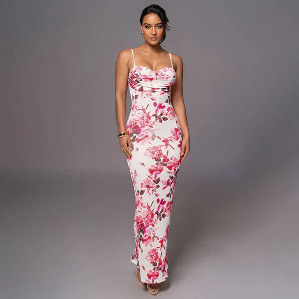 Stilla | Pink Blomster Slim Fit Maxikjole
