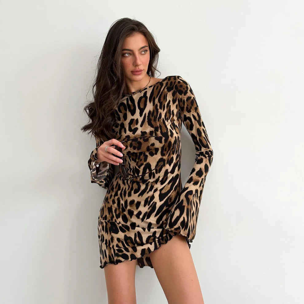 Stilla | Leopard Mønster Rygløs Minikjole