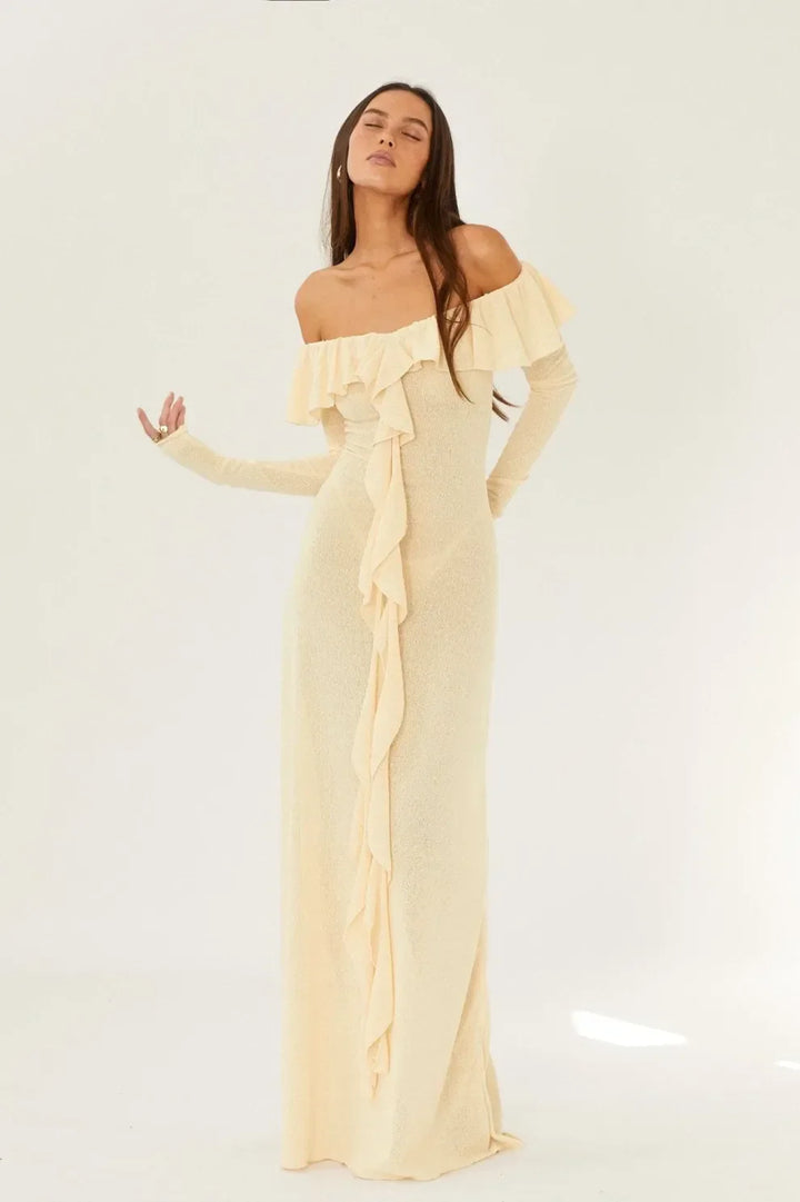 Stilla | Off Shoulder Langærmet Maxikjole Gul