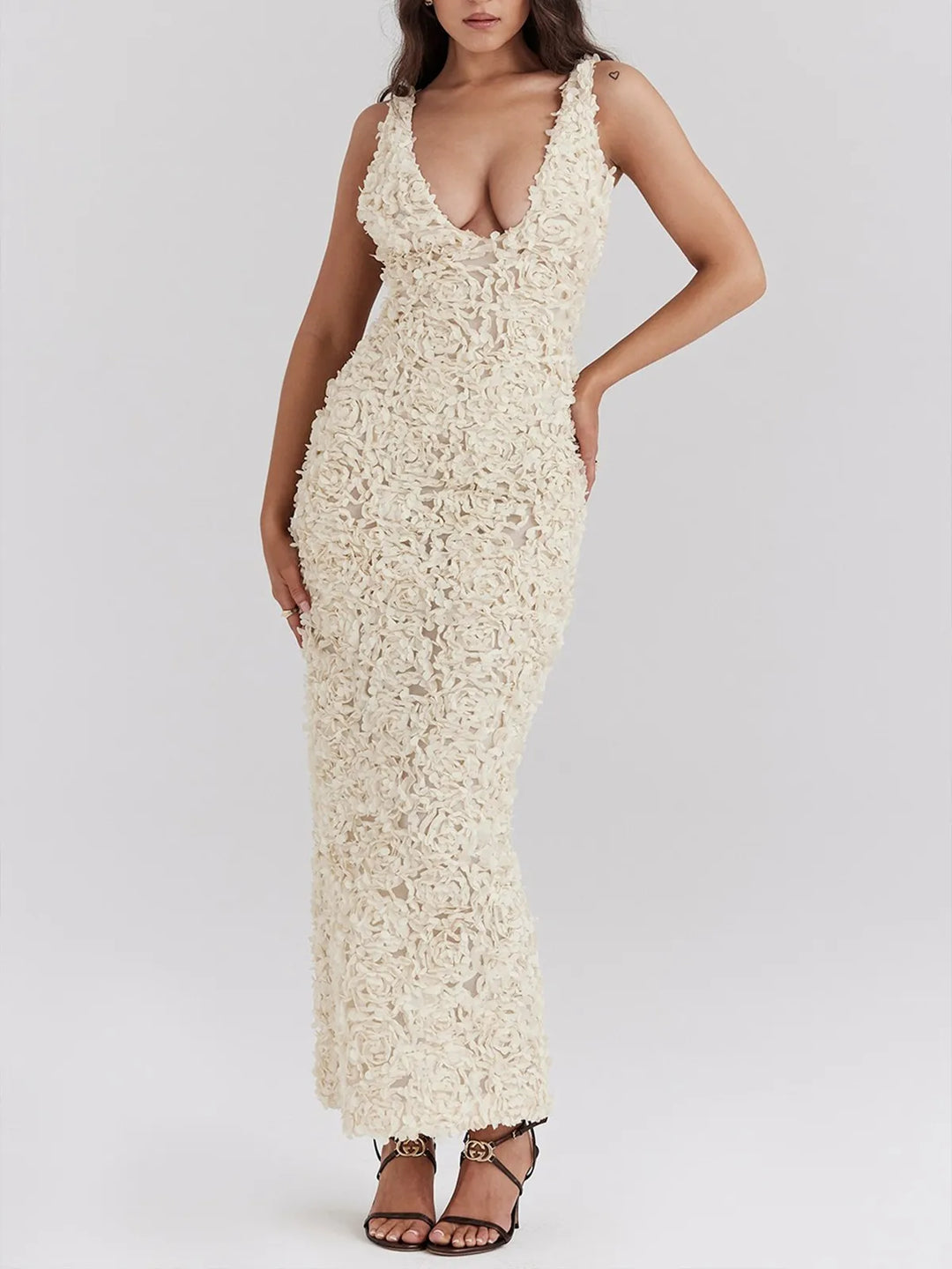 Stilla | Flower Textured Maxi Kjole Beige