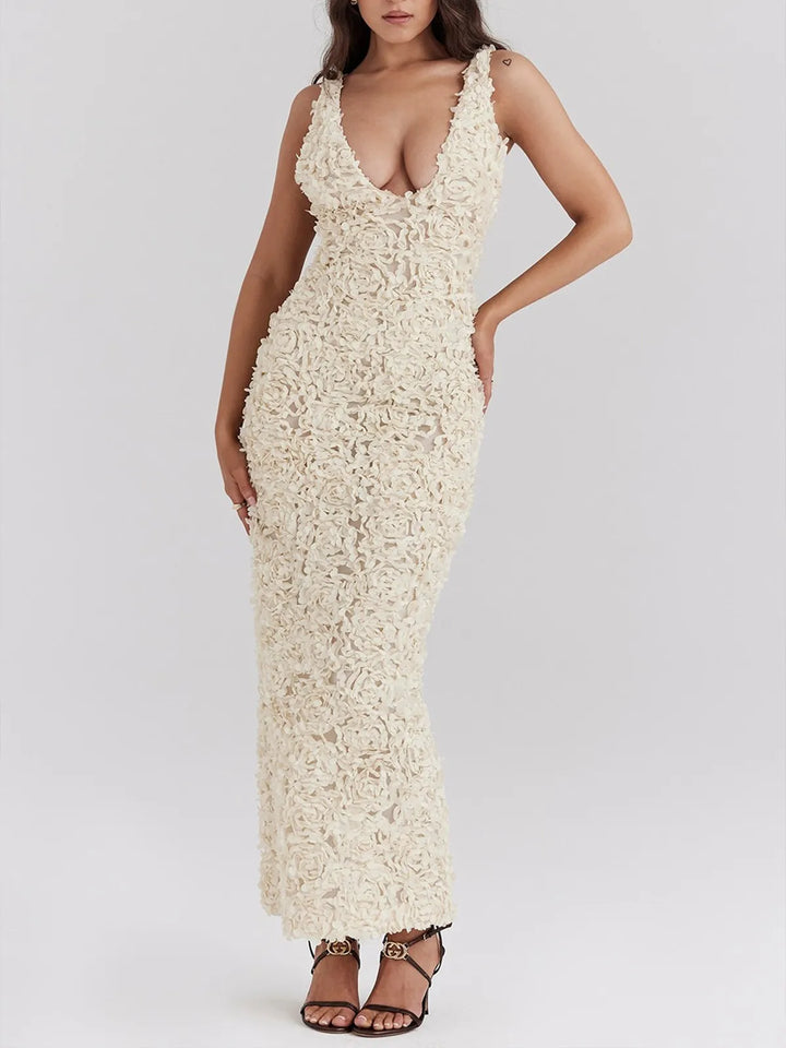 Stilla | Flower Textured Maxi Kjole Beige