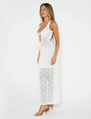 Stilla | Front Cutout Hæklet Maxi Kjole Hvid