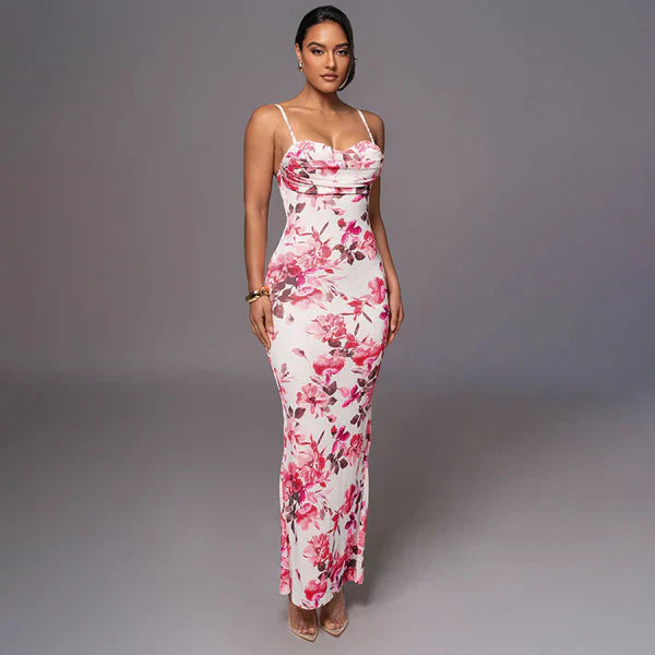 Stilla | Pink Blomster Slim Fit Maxikjole