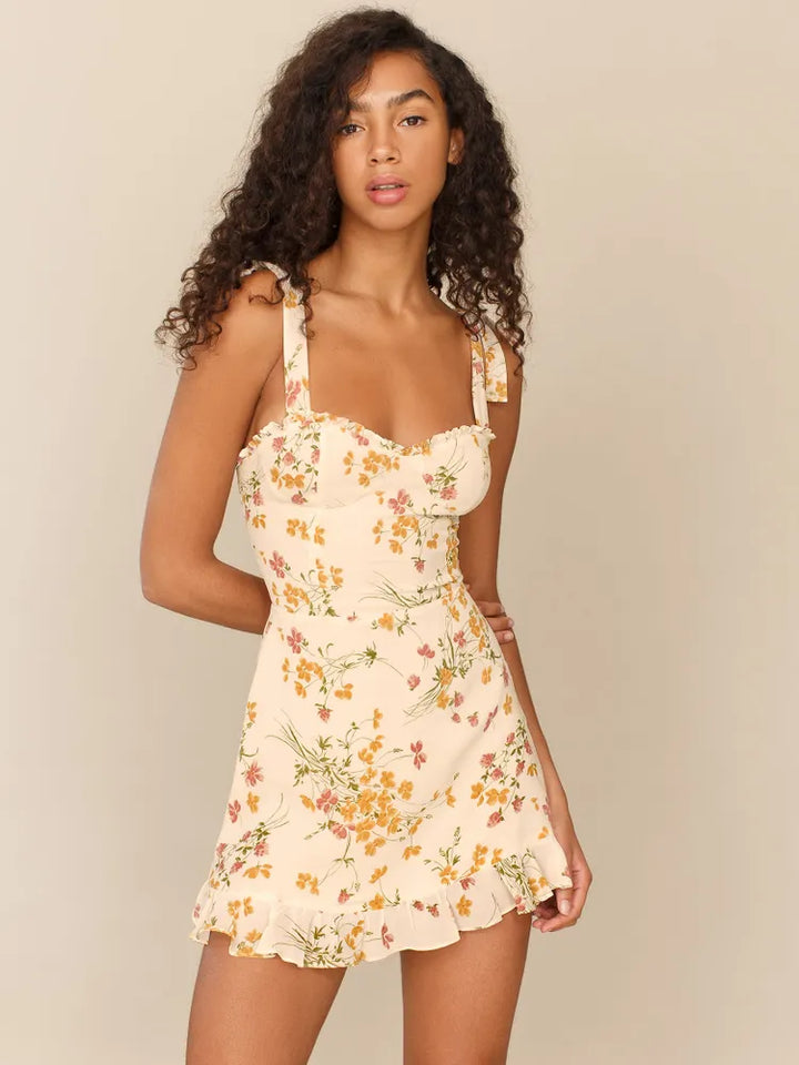 Stilla | Sweetheart Halsudskæring Blomstret Mini Kjole Beige