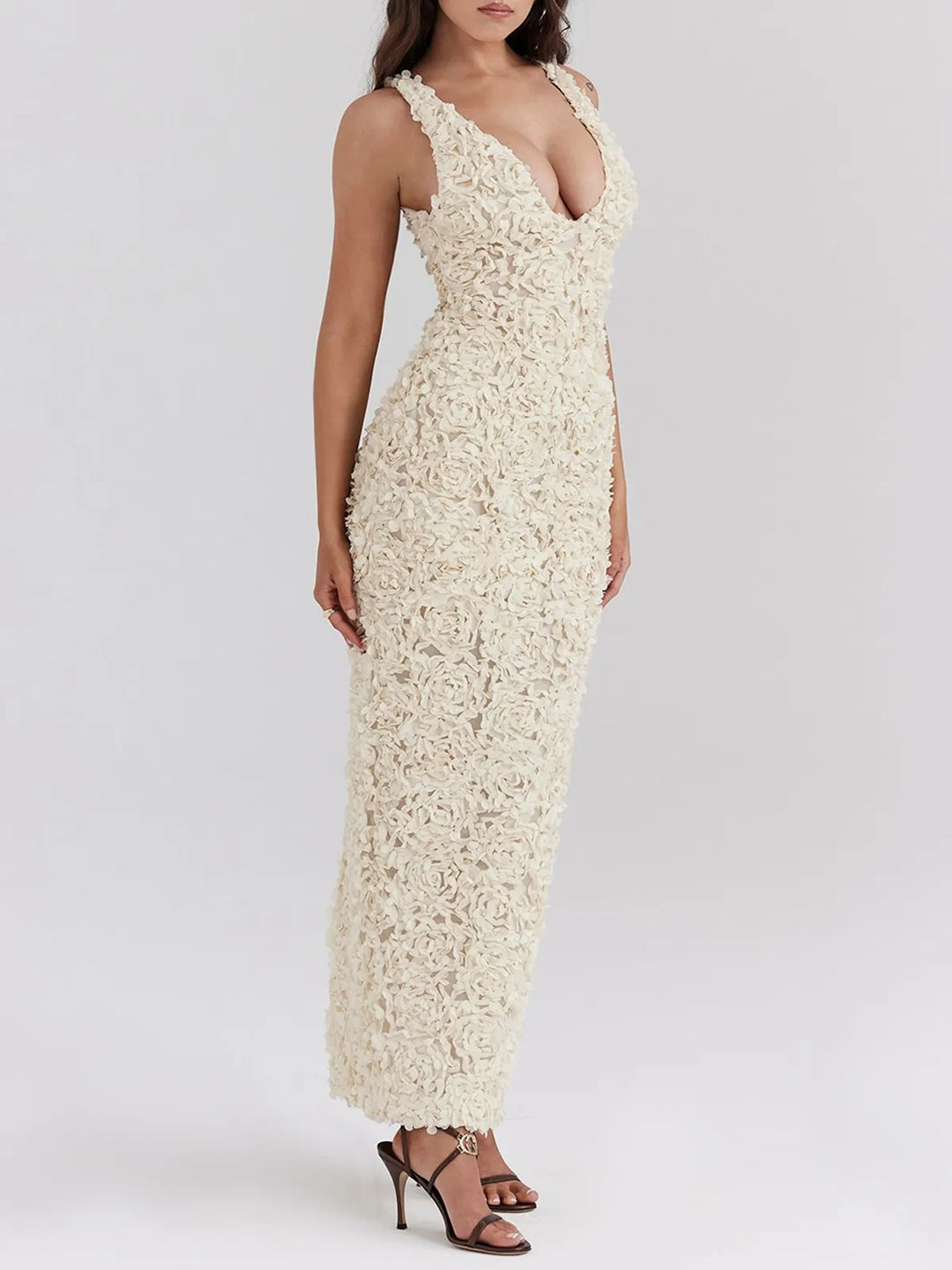 Stilla | Flower Textured Maxi Kjole Beige