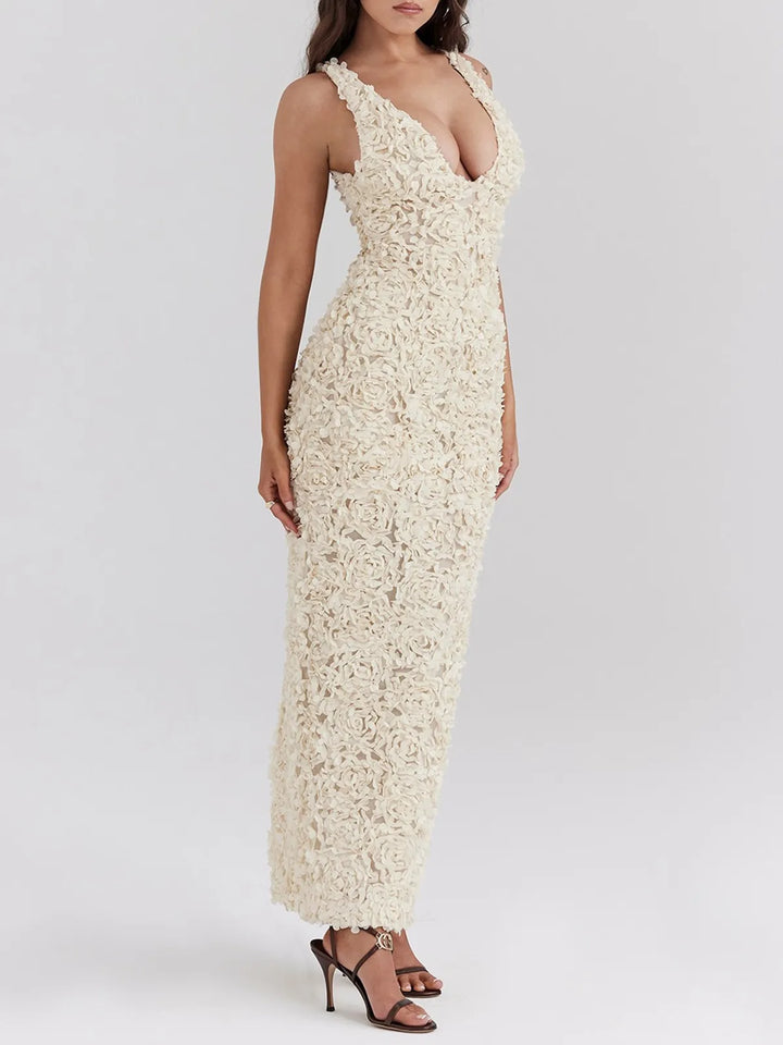 Stilla | Flower Textured Maxi Kjole Beige