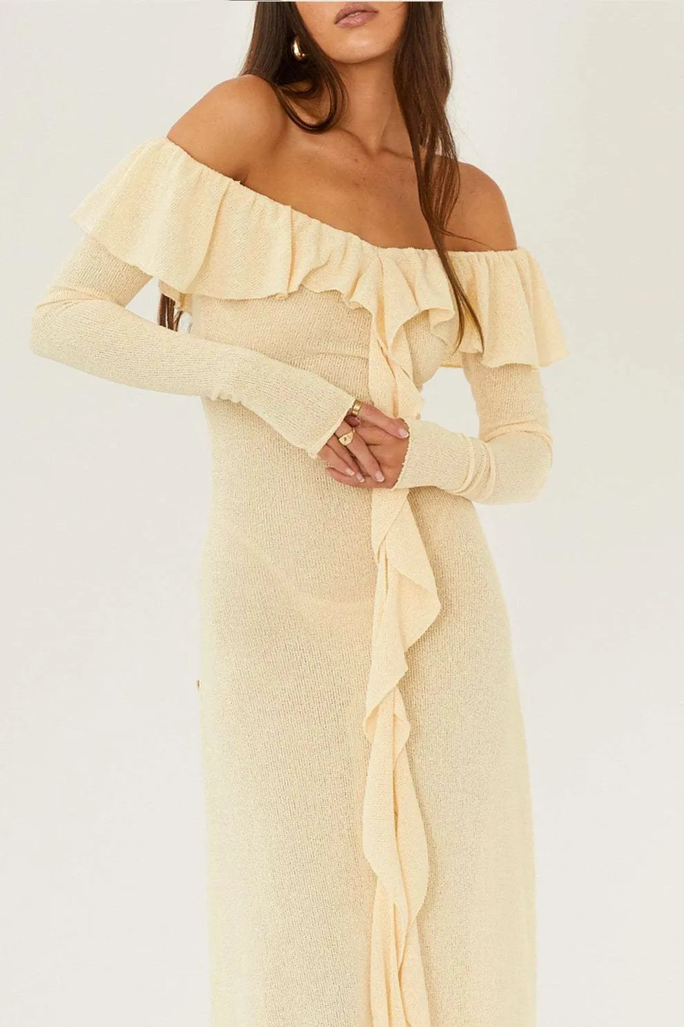 Stilla | Off Shoulder Langærmet Maxikjole Gul