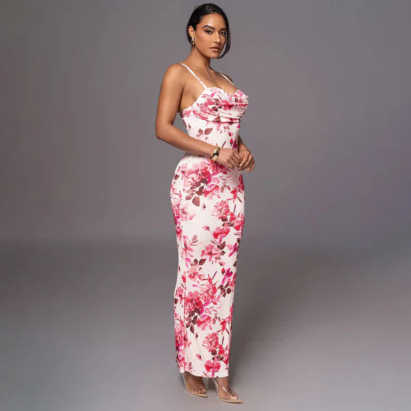 Stilla | Pink Blomster Slim Fit Maxikjole