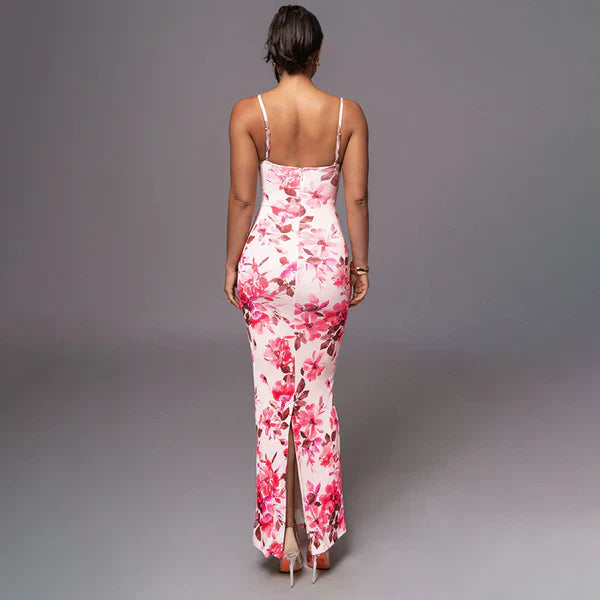 Stilla | Pink Blomster Slim Fit Maxikjole