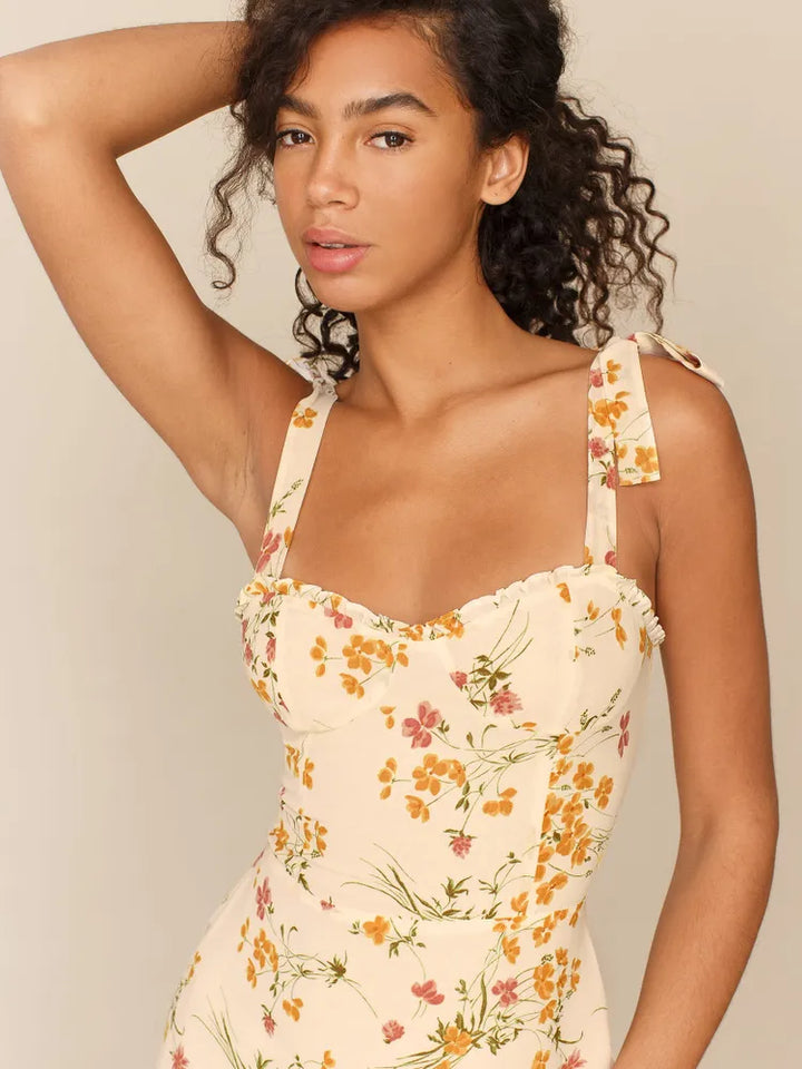 Stilla | Sweetheart Halsudskæring Blomstret Mini Kjole Beige