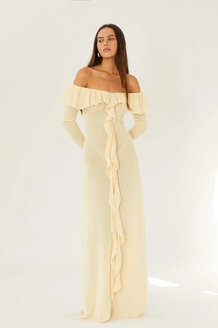 Stilla | Off Shoulder Langærmet Maxikjole Gul