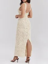 Stilla | Flower Textured Maxi Kjole Beige