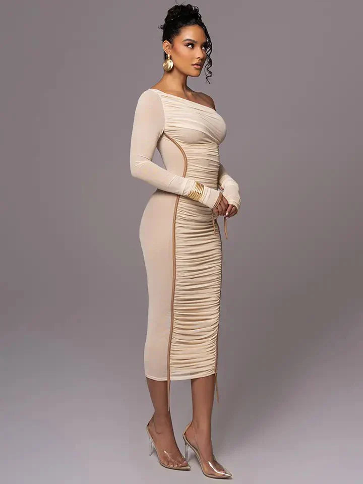 Stilla | Bodycon Mesh Detail Maxikjole Beige