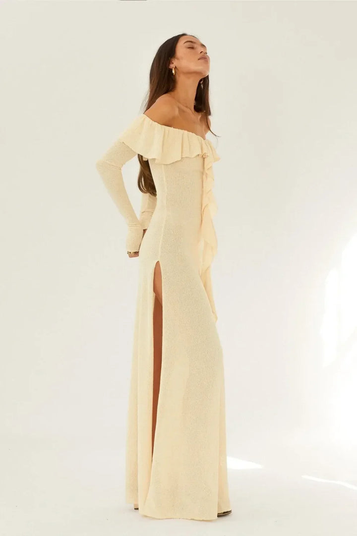 Stilla | Off Shoulder Langærmet Maxikjole Gul