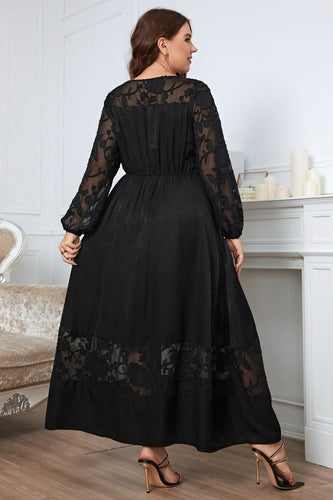 Stilla | Melo Apparel Plus Size Broderi Rund hals Lange ærmer Maxi kjole