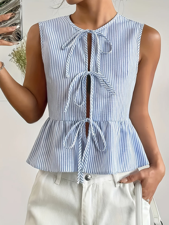 Stilla | Elegant Linned Bluse Med Striber Og Bindebånd Til Kvinder