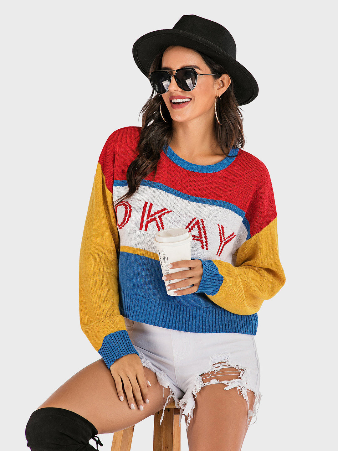 Stilla | Perfee Okay Pullover med kontrast, lange ærmer og dybe skuldre