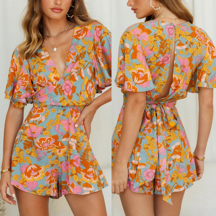 Stilla | Læder Jumpsuit med florale mønstre til kvinder, udskæring, korte ærmer, floralt mønster