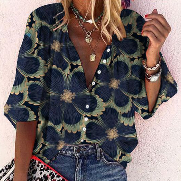Stilla | Blå Bluse Med 3/4 Ærmer og Blomsterprint