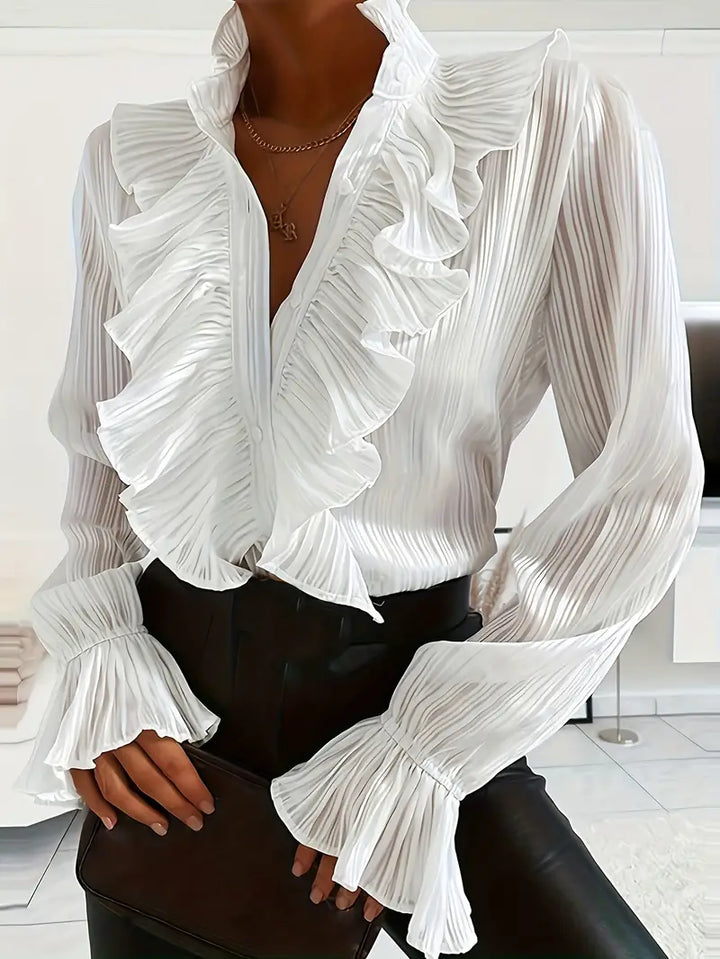 Stilla | Elegant Bluse Med Spids Halsudskæring Og Blomsterkant Alsidig Dambluse