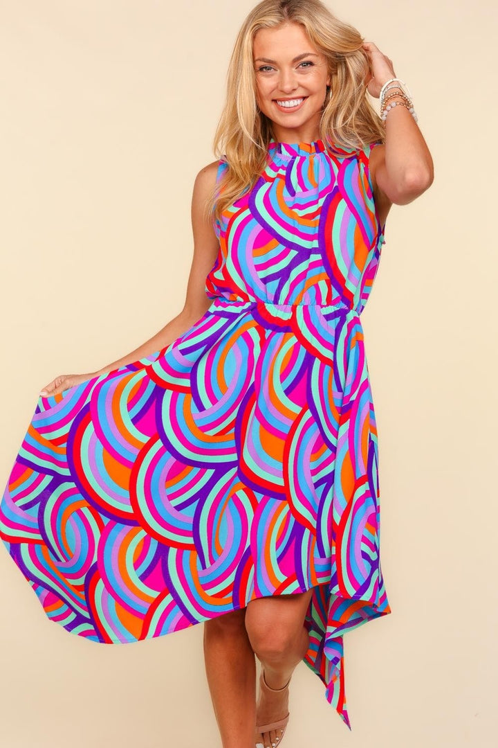 Stilla | Full Size Mock Neck Without Sleeves Printed Dress