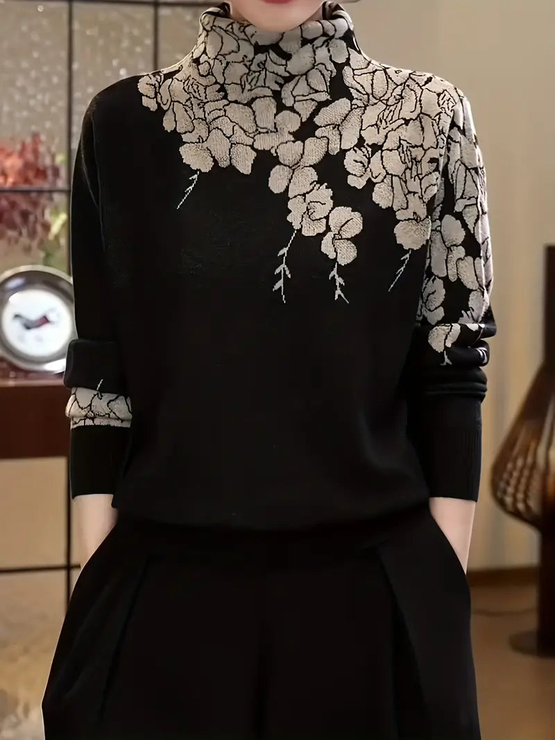 Stilla | Elegant strikpullover med rullekrave og blomstertryk