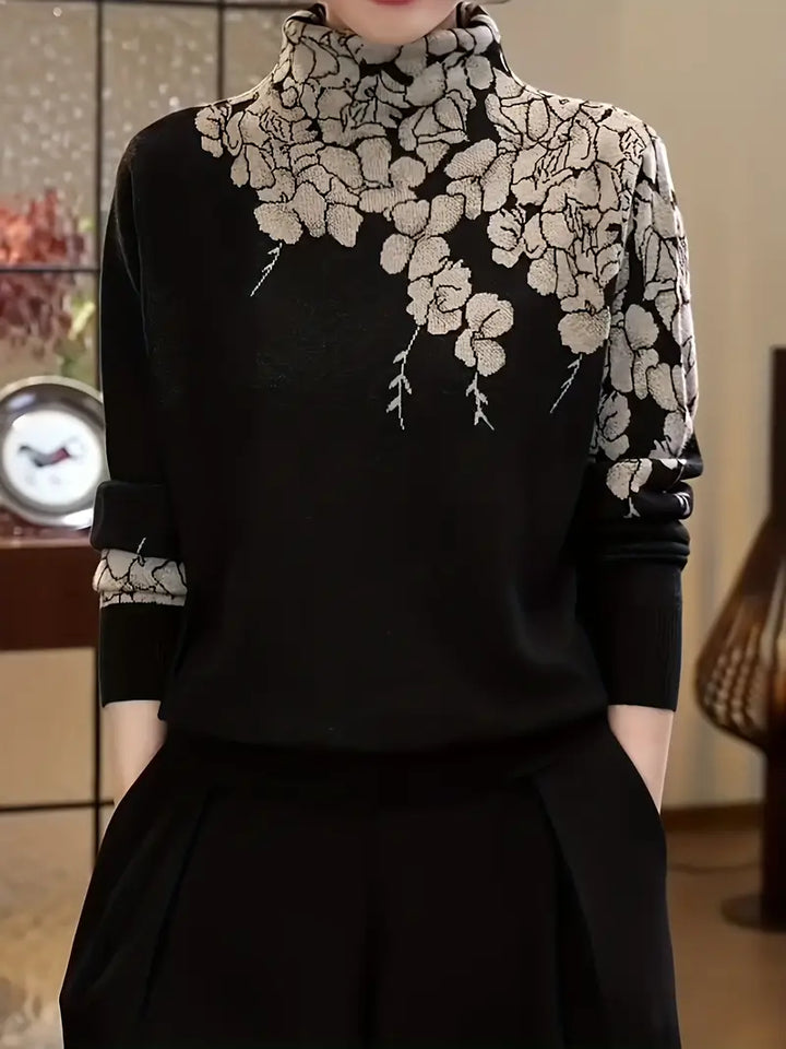 Stilla | Elegant strikpullover med rullekrave og blomstertryk