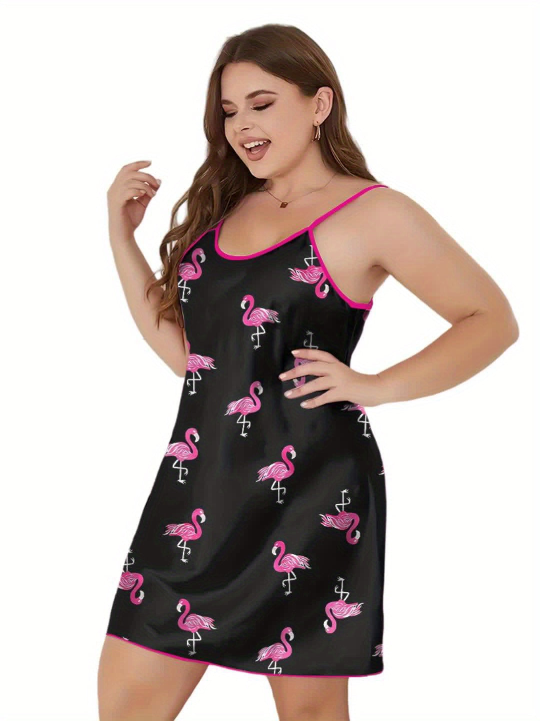Stilla | Satin Kjole Til Damer Store Størrelser Flamingo Tryk, Uden Ærmer, Lyserøde Detaljer, Kan Vaskes Maskine