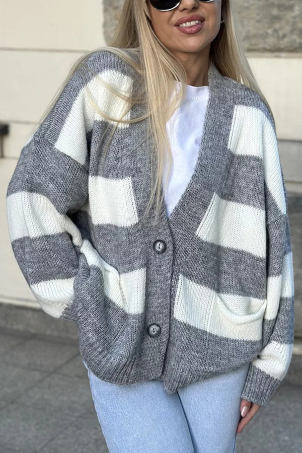 Stilla | Stribet Casual Cardigan Med Lange Ærmer, Lommer Og V-udskæring