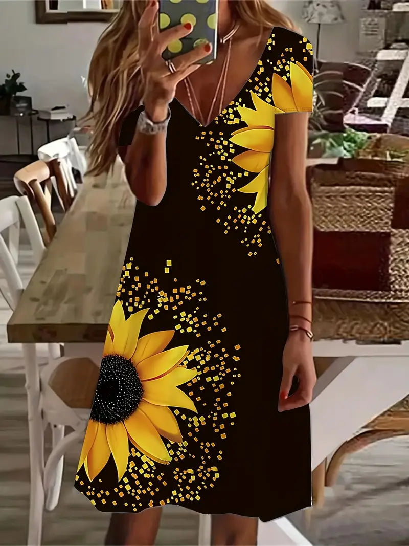 Stilla | Sommerkjole Med Solsikker Og V-Hals Med Peplum Midi Sort
