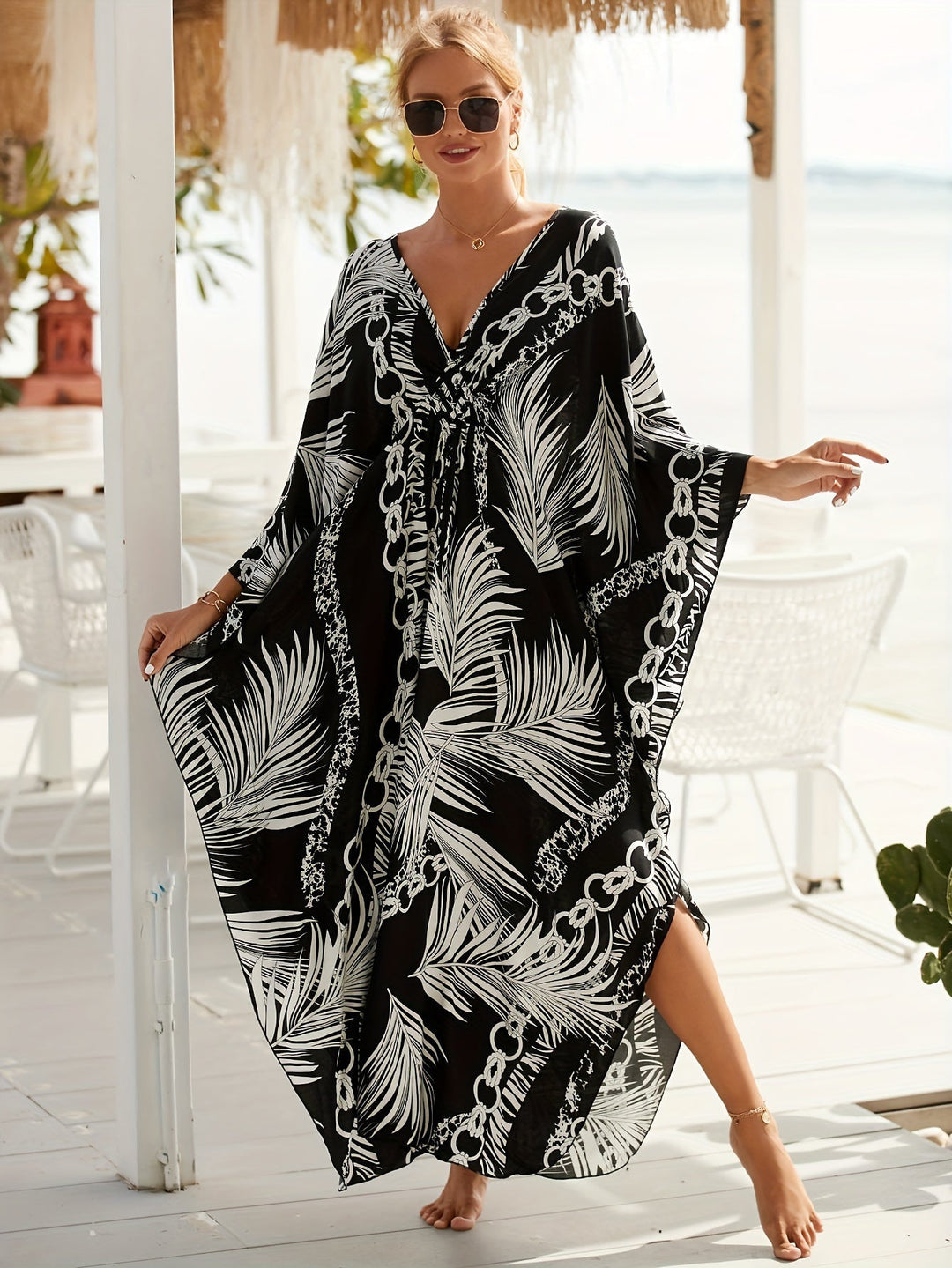 Stilla | Boho Maxi Kjole Sort Sommerstrandkjole Med V-Hals