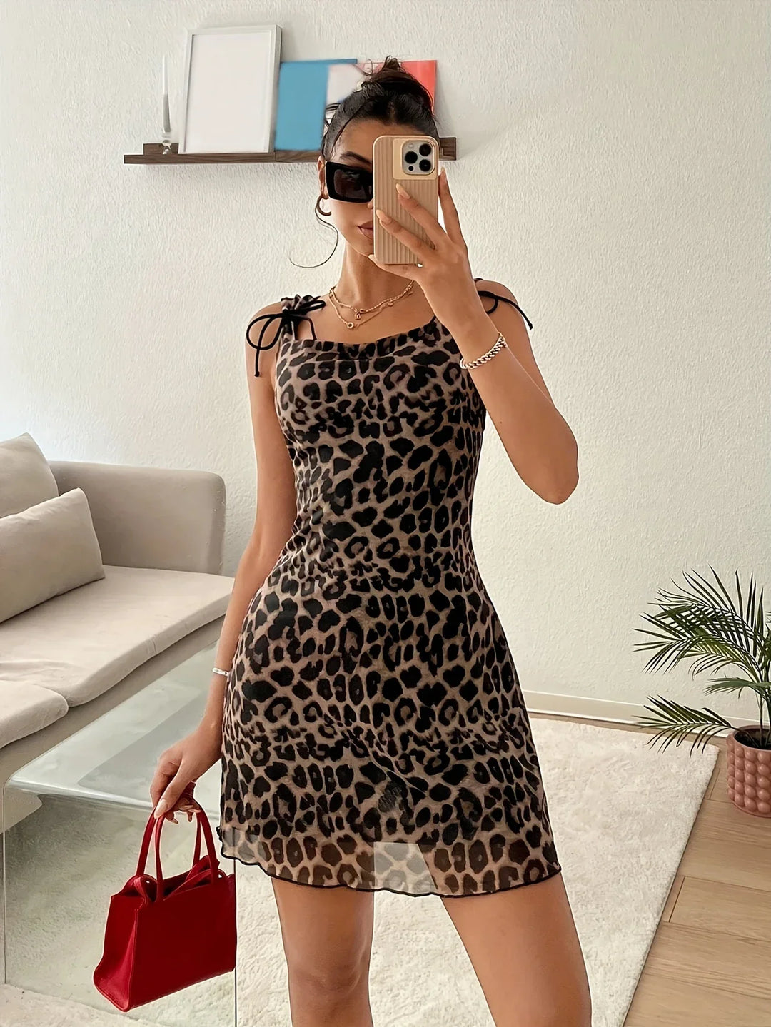 Stilla | Mini Kjole Med Leopardtryk Og Mesh