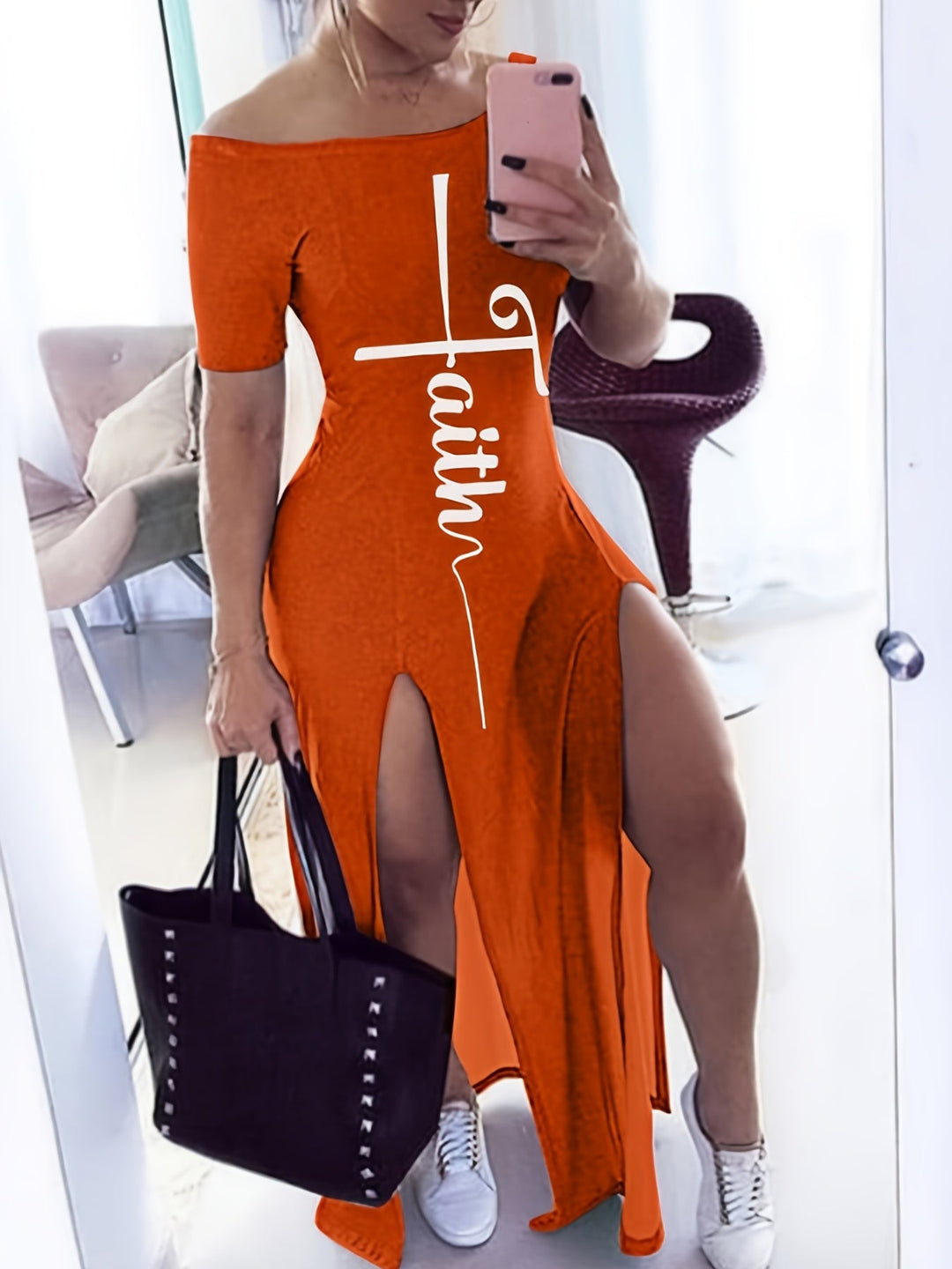 Stilla | Mode Faith Trykt Korte Ærmer Off Shoulder Split Kjole