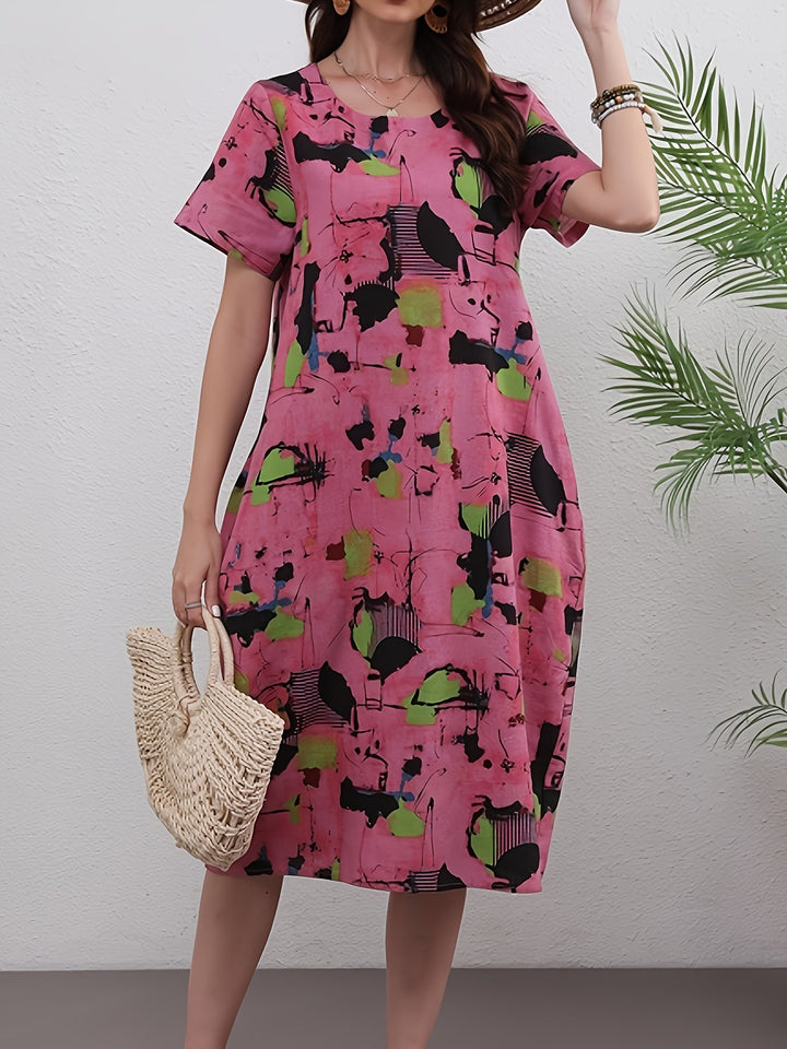 Stilla | Elegant Linned Midi Kjole Med Markant Abstrakt Mønster