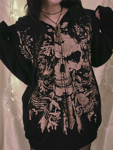 Stilla | Vintage Dødningehovedprint Oversized Hoodie med Lynlås