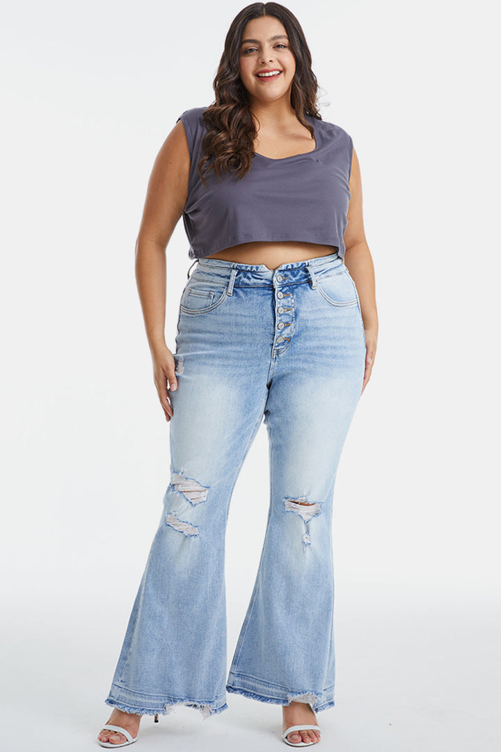 Stilla | Fuldt Størrelse Distressed Raw Hem Høj Talje Flare Jeans