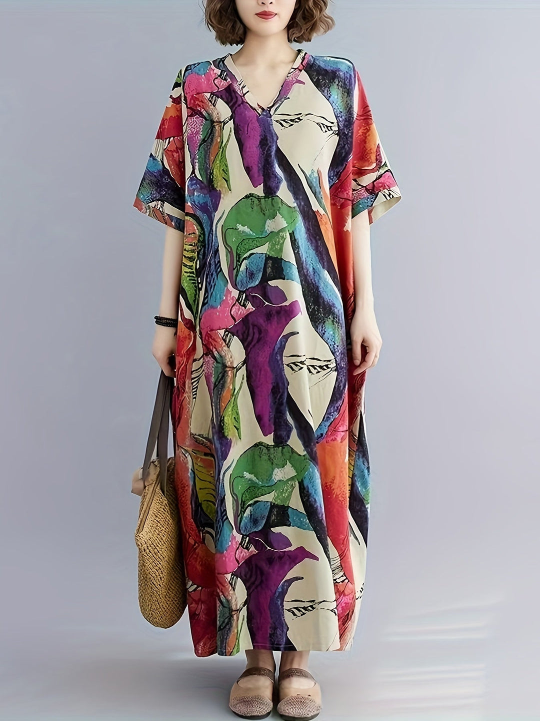 Stilla | Letende Boho Kaftan Kjole Plus Size, V-Hals, Lommer Og Perfekt Til Sommer Og Ferie