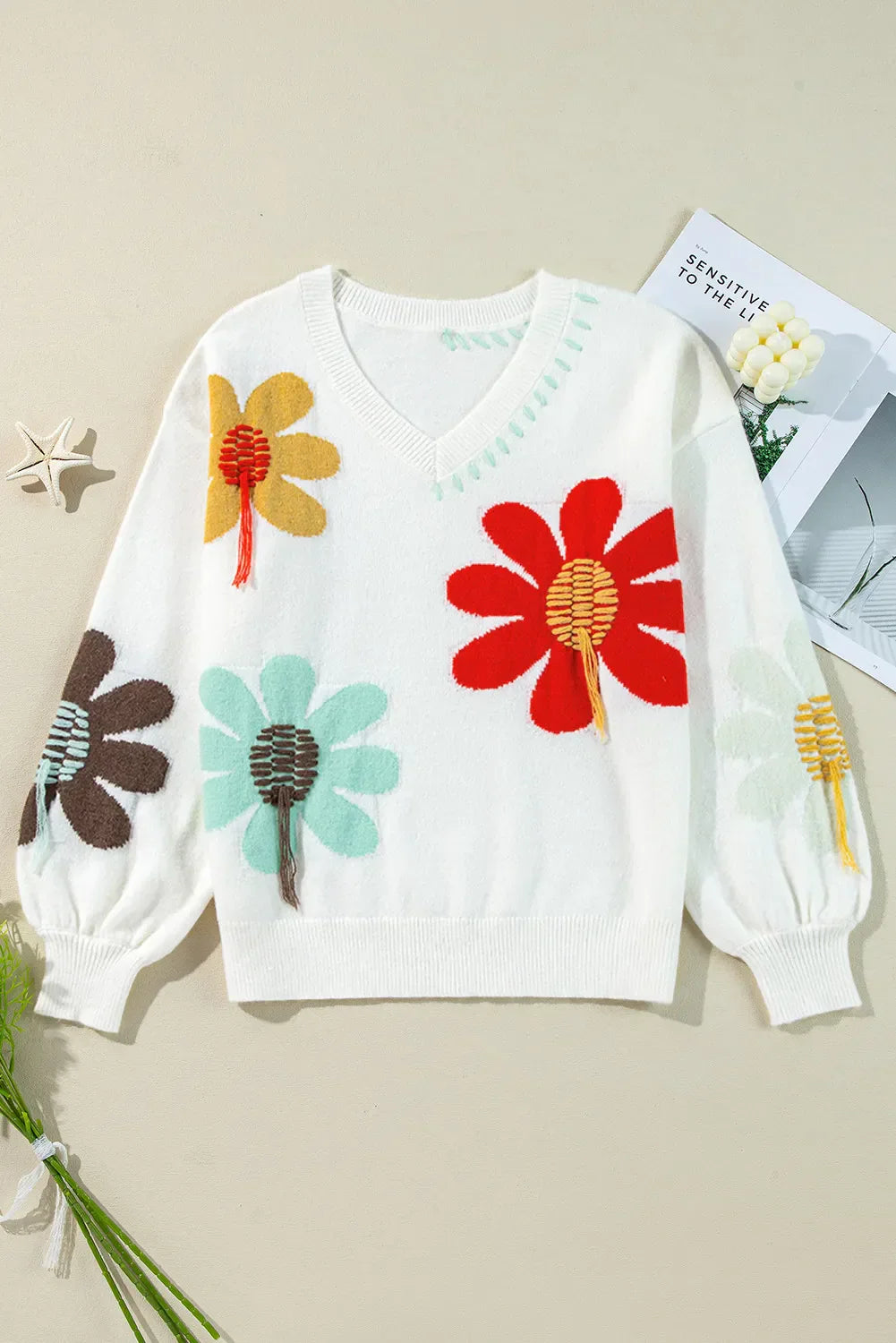 Stilla | Blomster Pullover Med V-udskæring og Nedsatte Skuldre