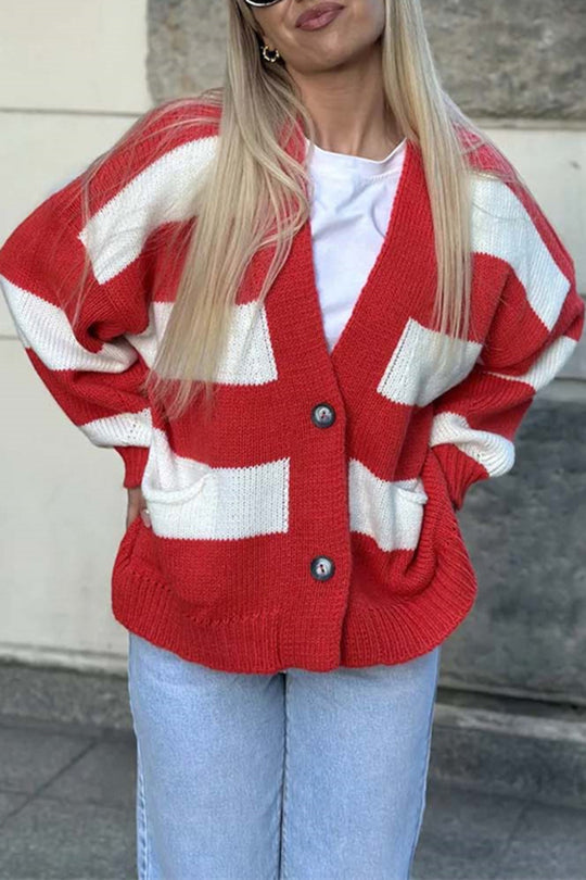 Stilla | Stribet Casual Cardigan Med Lange Ærmer, Lommer Og V-udskæring