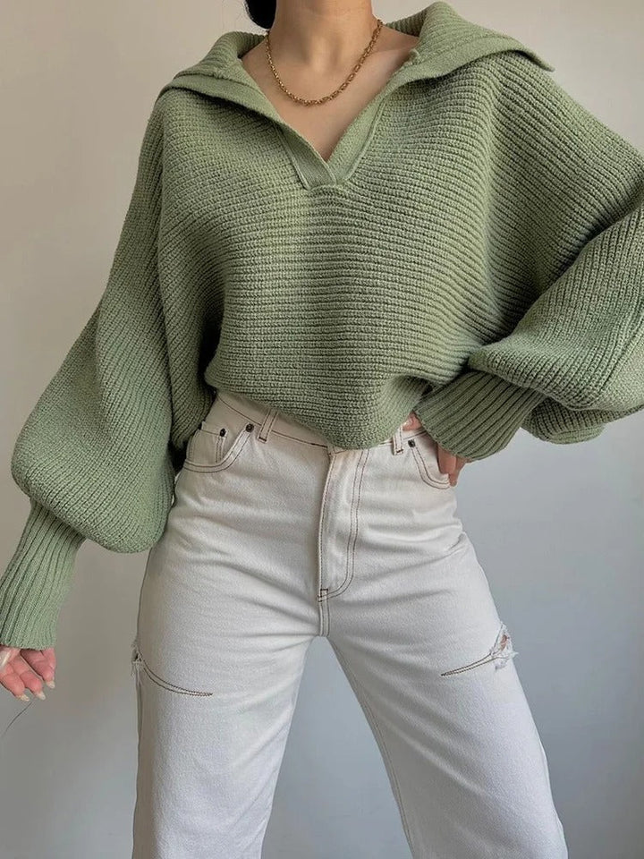 Stilla | Cozy Strikket Sweater med Lanterneærmer og Åben Krave
