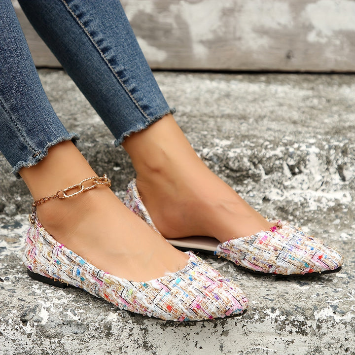Stilla | Elegant Flad Tå Spids, Udskåret Side Tweed Slip on Sko