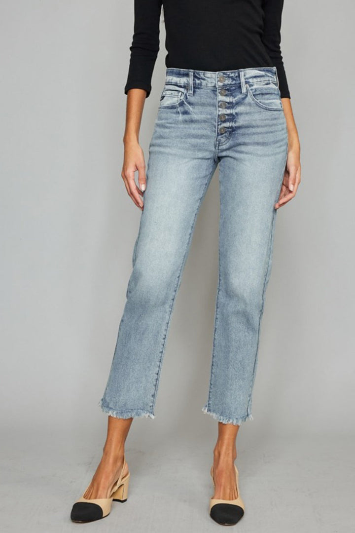 Stilla | Høj Talje Knap Fly Raw Hem Beskårede Lige Jeans