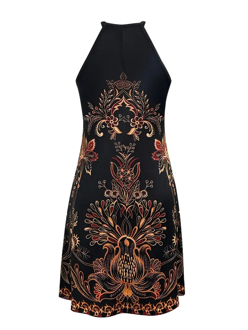Stilla | Boho Halter Maxi Kjole Sort Sommerkjole Med Blomstermønster