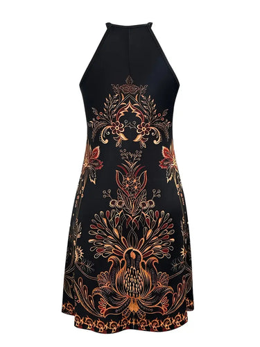 Stilla | Boho Halter Maxi Kjole Sort Sommerkjole Med Blomstermønster