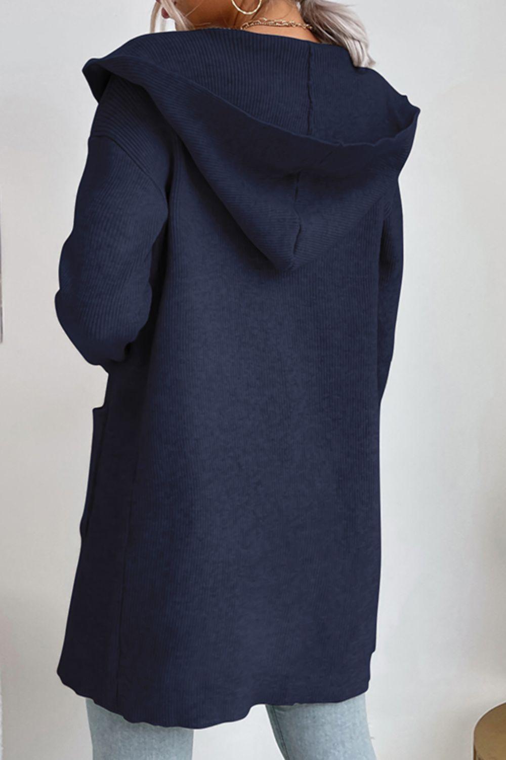 Stilla | ribbet åben-front cardigan med hætte og lommer