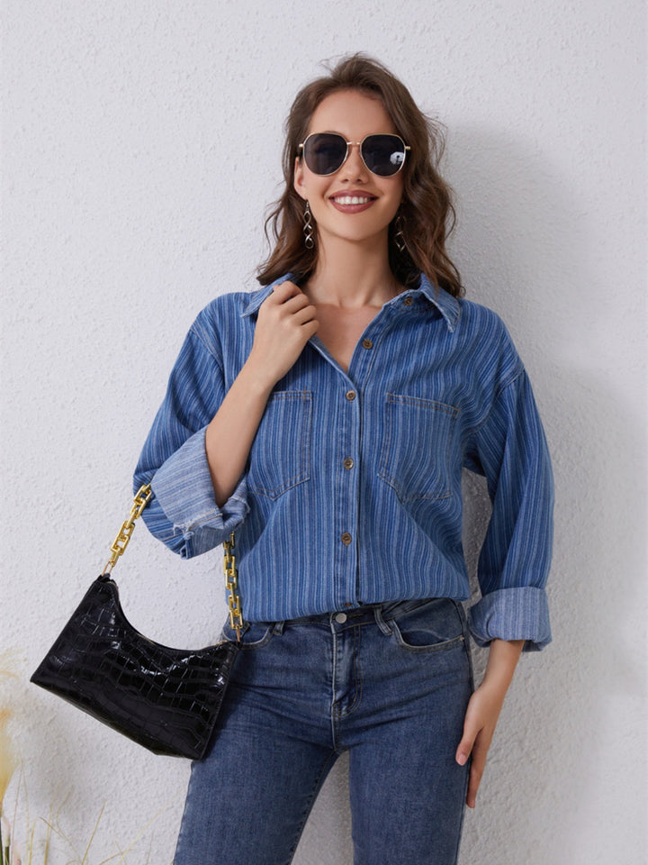 Stilla | Stribet Knap-Up Denim Skjorte