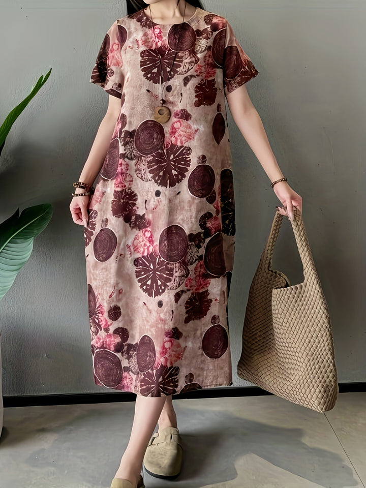Stilla | Elegant Linned Midi Kjole Med Markant Abstrakt Mønster