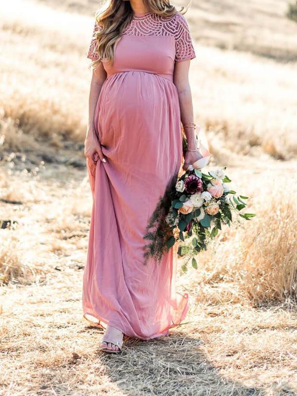Stilla | Lang Kjole Til Baby Shower Fotoshoot in Elegante Plisseret Blonde Hverdag Hverdag Graviditet