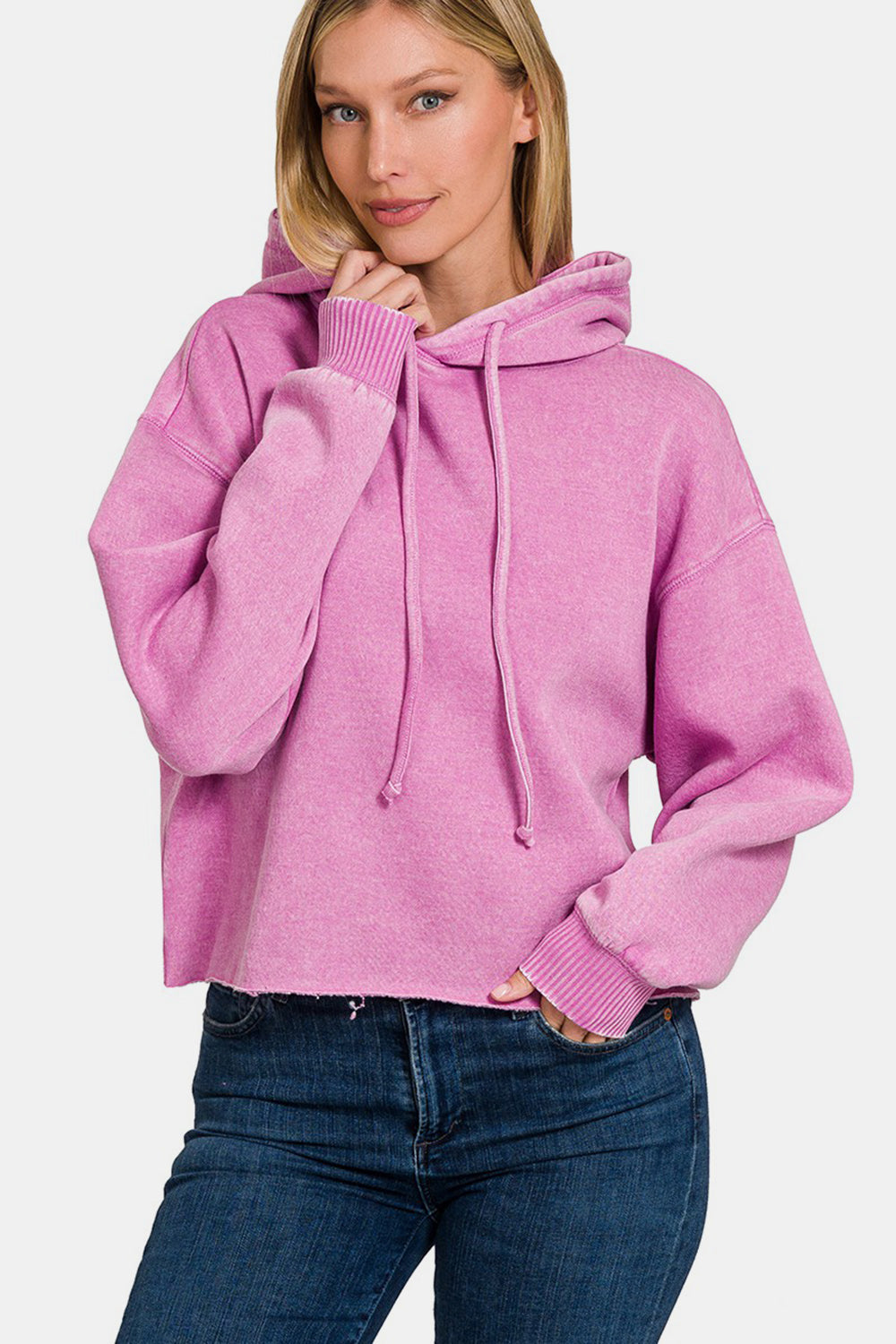 Stilla | Kortærmet sweater med acid washed fleece hættepullover