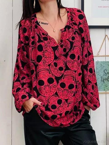 Stilla | Halloween Overalt Skeletmønster V-hals T-shirt